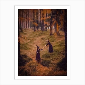 Autumn Witches - Witchy Pagan Meeting in the Woods - Fall Witchcraft Gloomy Dark Aesthetic Occult Witch Hat and Broomsticks Digital Photography Vintage Art Print