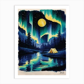 A Captivating Nighttime Scene Painted In Vibrant Colors, Featuring A Celestial Sky With A Prominent Yellow Moon Illuminating The Landscape Affiche