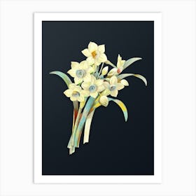 Vintage Chinese Sacred Lily Botanical Watercolor Illustration on Dark Teal Blue n.0950 Art Print
