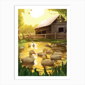 Ducklings Swimming On The Pond At The Farm Art Print