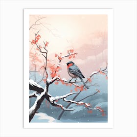 Lone Bird Perching On Snowy Branches 3 Art Print