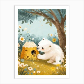 Polar Bear Cub Playing With A Beehive Storybook Illustration 1 Art Print