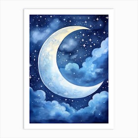 Young moon on starry night sky, watercolor Art Print