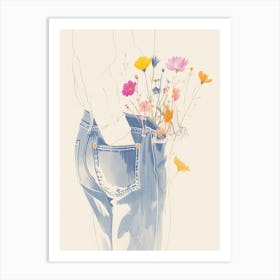 Blue Jeans Line Art Flowers 4 Art Print