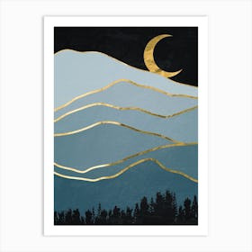 Moonlight Over The Mountains Canvas Print - Golden landscape with moon #7, Japanese gold poster Art Print