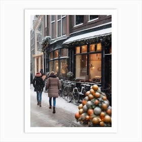 Amsterdam cafes, winter season, Christmas, autumn oil colors, pale colors, pedestrians in the street, winter clothes, falling snow.8 2 Póster