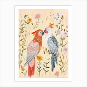 Folksy Floral Animal Drawing Cockatoo Art Print