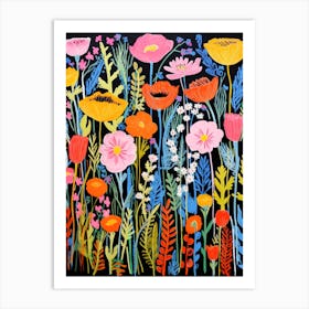 Vibrant Poppies On Black Screen Print Art Print