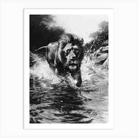Barbary Lion Charcoal Drawing Crossing A River 3 Art Print