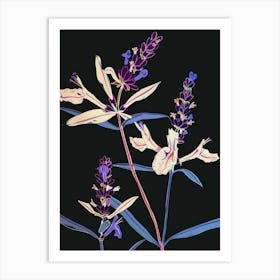 Neon Flowers On Black Lavender 1 Art Print