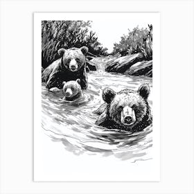Malayan Sun Bear Family Swimming In A River Ink Illustration 1 Art Print