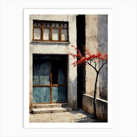 Red Tree In Front Of A Building Art Print