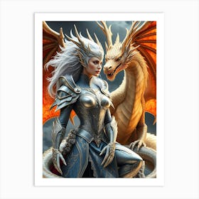 Women in Silver Armor With A Dragon Art Print