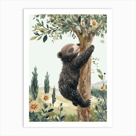Sloth Bear Cub Climbing A Tree Storybook Illustration 4 Art Print