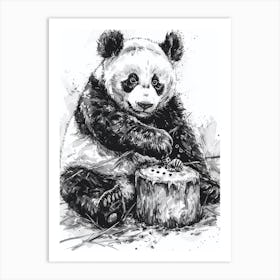 Giant Panda Cub Playing With A Beehive Ink Illustration 4 Art Print