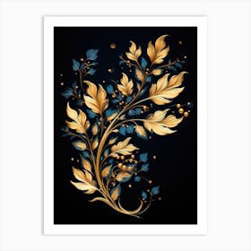 Golden Leaves On Black Background 2 Art Print