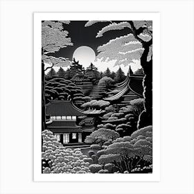 Ryoan Ji, Japan Linocut Black And White Vintage Art Print