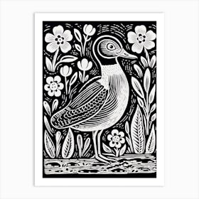 B&W Bird Linocut Duck 3 Art Print