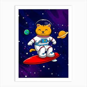 Cat Astronaut surfer, space surf cat, space surfer — space poster, synthwave space, neon space, aesthetic poster Art Print