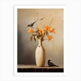 Bird Of Paradise, Autumn Fall Flowers Sitting In A White Vase, Farmhouse Style 4 Art Print