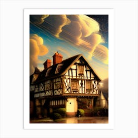 Village House Cottage Medieval Timber Tudor Split Timber Frame Architecture Town Twilight Chimney Art Print