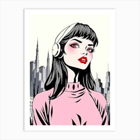 Hot Girl With Headphones Art Print