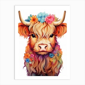 Floral Digital Illustration Of Baby Highland Cow Art Print