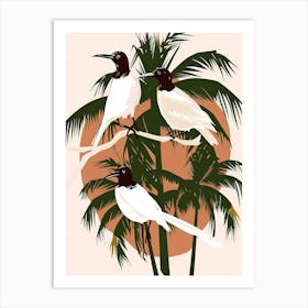 Three Birds Perched On A Palm Tree Art Print