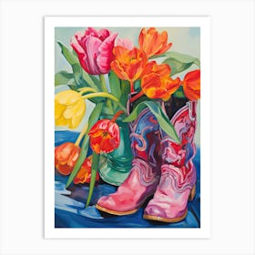 Oil Painting Of Tulips Flowers And Cowboy Boots, Oil Style 3 Art Print