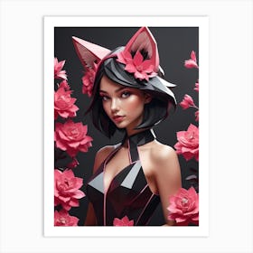 Low Poly Fox Girl,Black And Pink Flowers (21) Art Print
