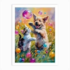 Puppy And Kitten Playing With Bubbles Art Print