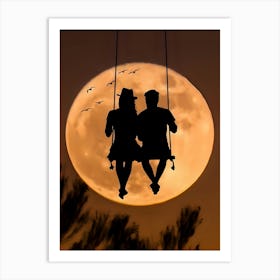 Couple On Swing In The Moonlight Art Print