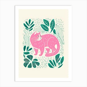 Pink Cat With Plants Art Print