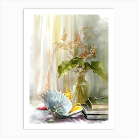 Watercolor Of Flowers And Books Art Print