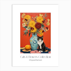 Cats & Flowers Collection Chrysanthemum Flower Vase And A Cat, A Painting In The Style Of Matisse 0 Art Print