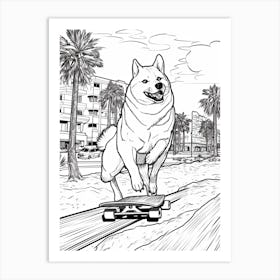 Shiba Inu Dog Skateboarding Line Art 1 Art Print