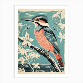 Vintage Bird Linocut Kingfisher 3 Art Print