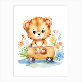 Baby Lion On A Toy Car, Watercolour Nursery 3 Art Print