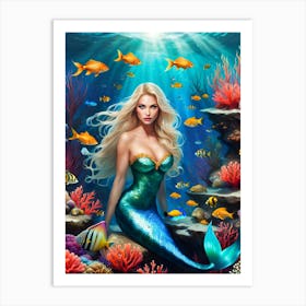 Beautiful Blonde Mermaid Under The Light Art Print