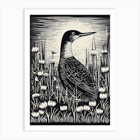 B&W Bird Linocut Loon 3 Art Print