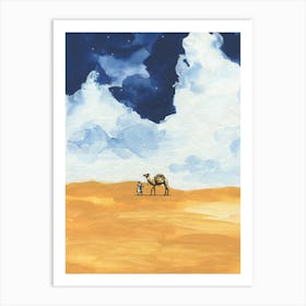 Camel in desert and blue sky watercolor Art Print