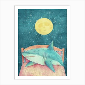 Pastel Blue Sleepy Shark With Moon Illustration 1 Art Print