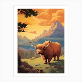 Brown Hairy Highland Cow In The Sunset 2 Art Print