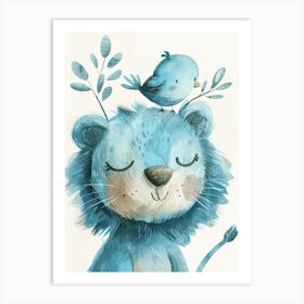 Small Joyful Lion With A Bird On Its Head 17 Art Print