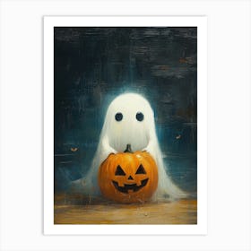 Oil Painting Of A Cute Ghost Holding A Jack O’ Lantern, Spooky Festive Art Print