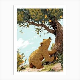 Brown Bear Scratching Its Back Against A Tree Storybook Illustration 3 Art Print