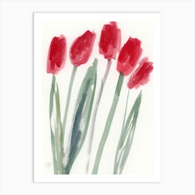 Five Red Tulips - watercolor painting red green minimal floral flowers Anton Maliar vertical light Art Print