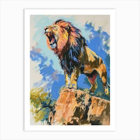 Southwest African Lion Roaring On A Cliff Fauvist Painting 1 Art Print