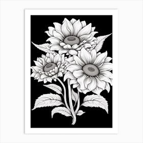 Sunflowers In Black And White Line Art 3 Art Print