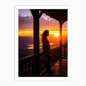 Woman Basking In Sunsets Glow On A Mountain Porch Silhouette Against A Sky Painted With Hues Of Or Art Print